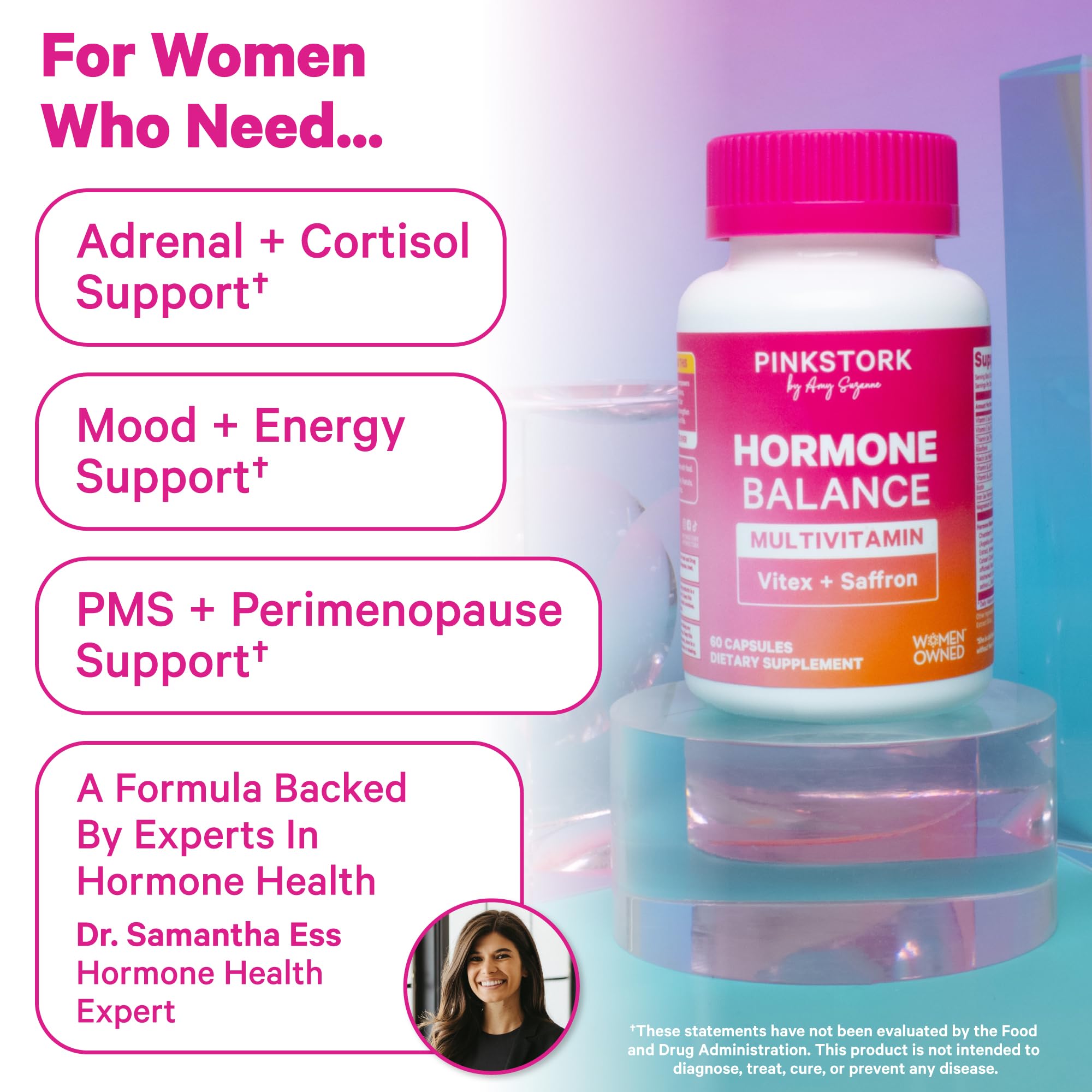 Pink Stork Hormone Balance capsules closeup highlighting the 18-in-1 formula.