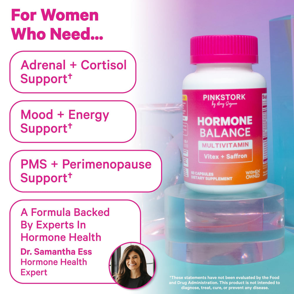Pink Stork Hormone Balance capsules closeup highlighting the 18-in-1 formula.