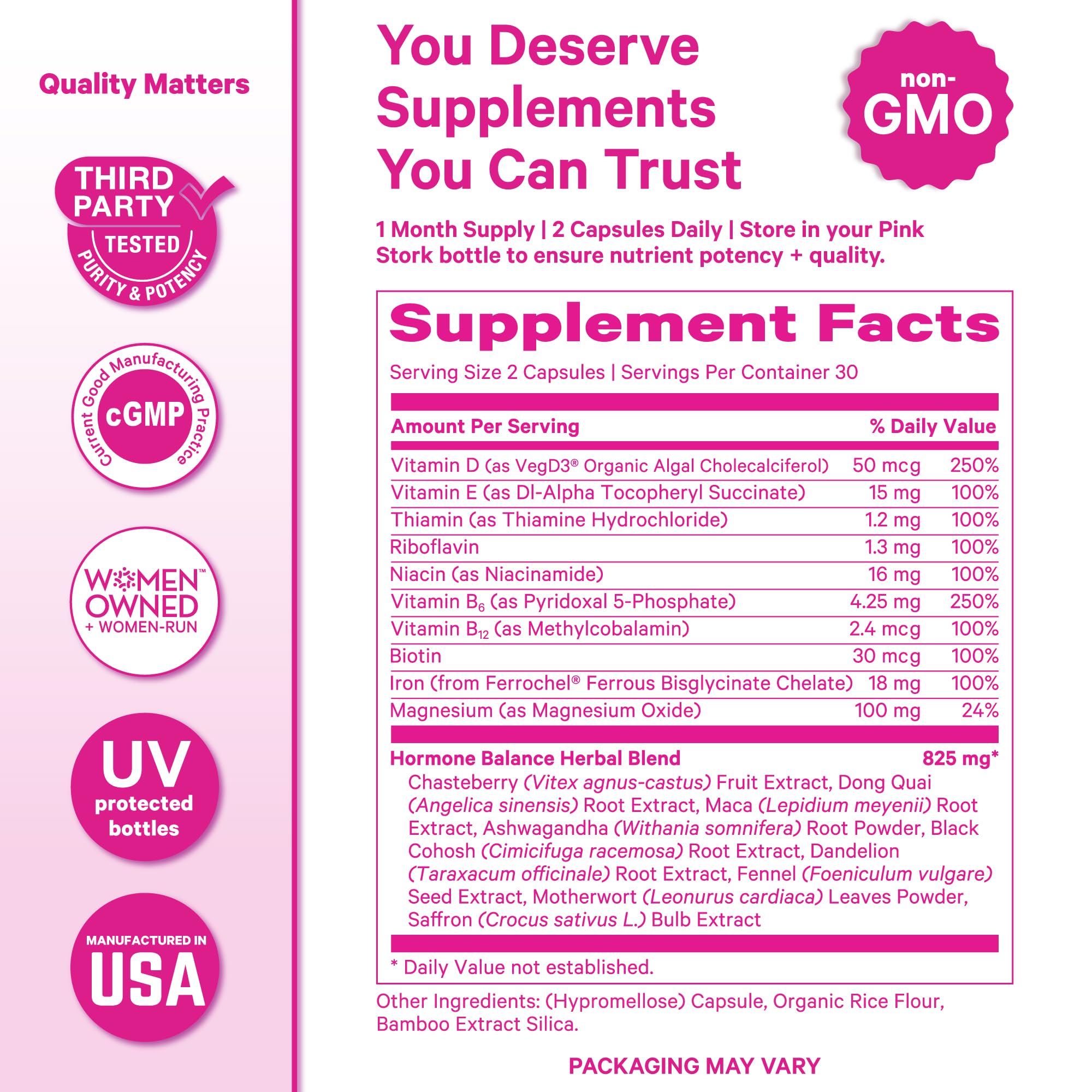 Pink Stork Hormone Balance daily-use bottle suggesting a simple routine.