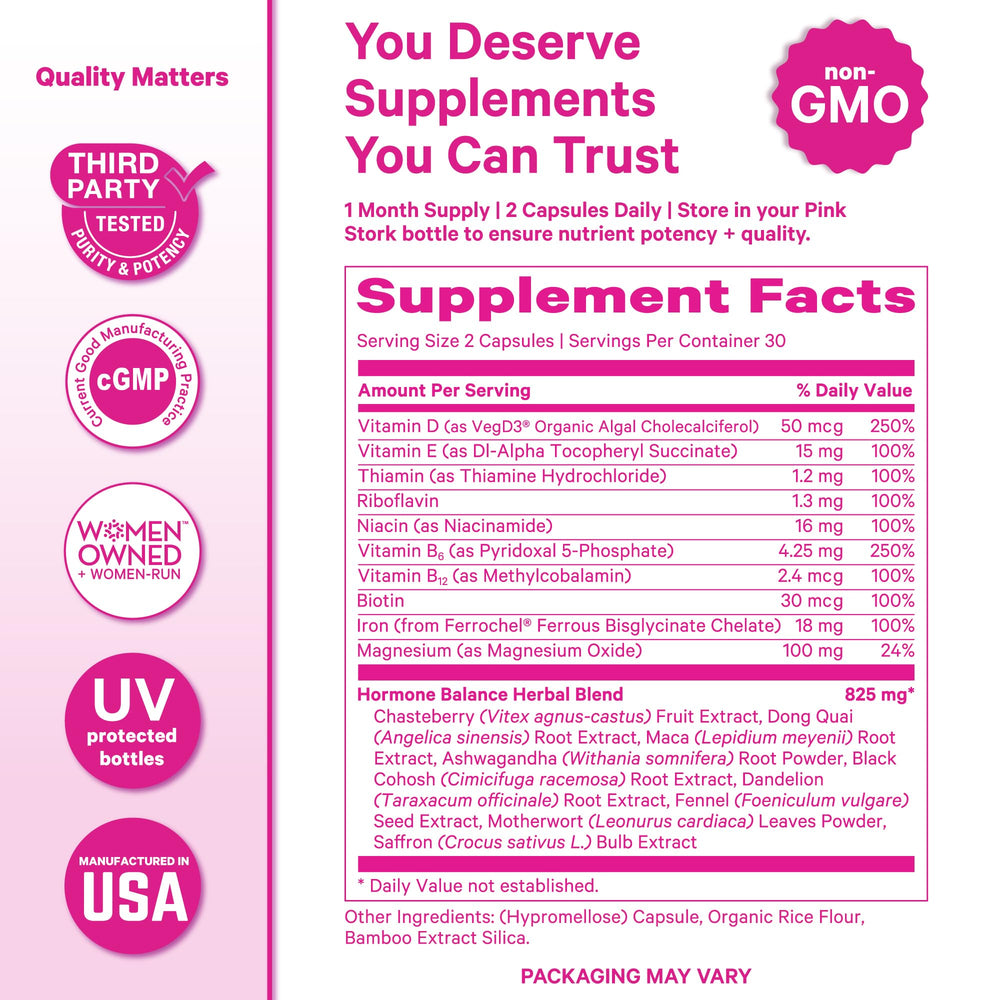 Pink Stork Hormone Balance daily-use bottle suggesting a simple routine.