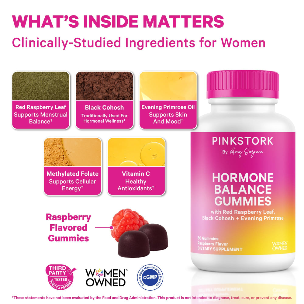 Pink Stork Hormone Balance Gummies close up show gummy texture and color