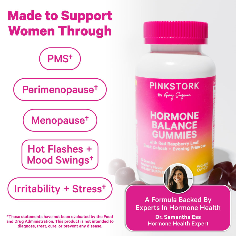 Pink Stork Hormone Balance Gummies packaging displaying clean wellness branding