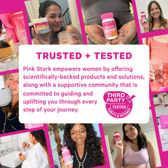 Pink Stork Hormone Balance Gummies bottle highlights red raspberry leaf ingredient