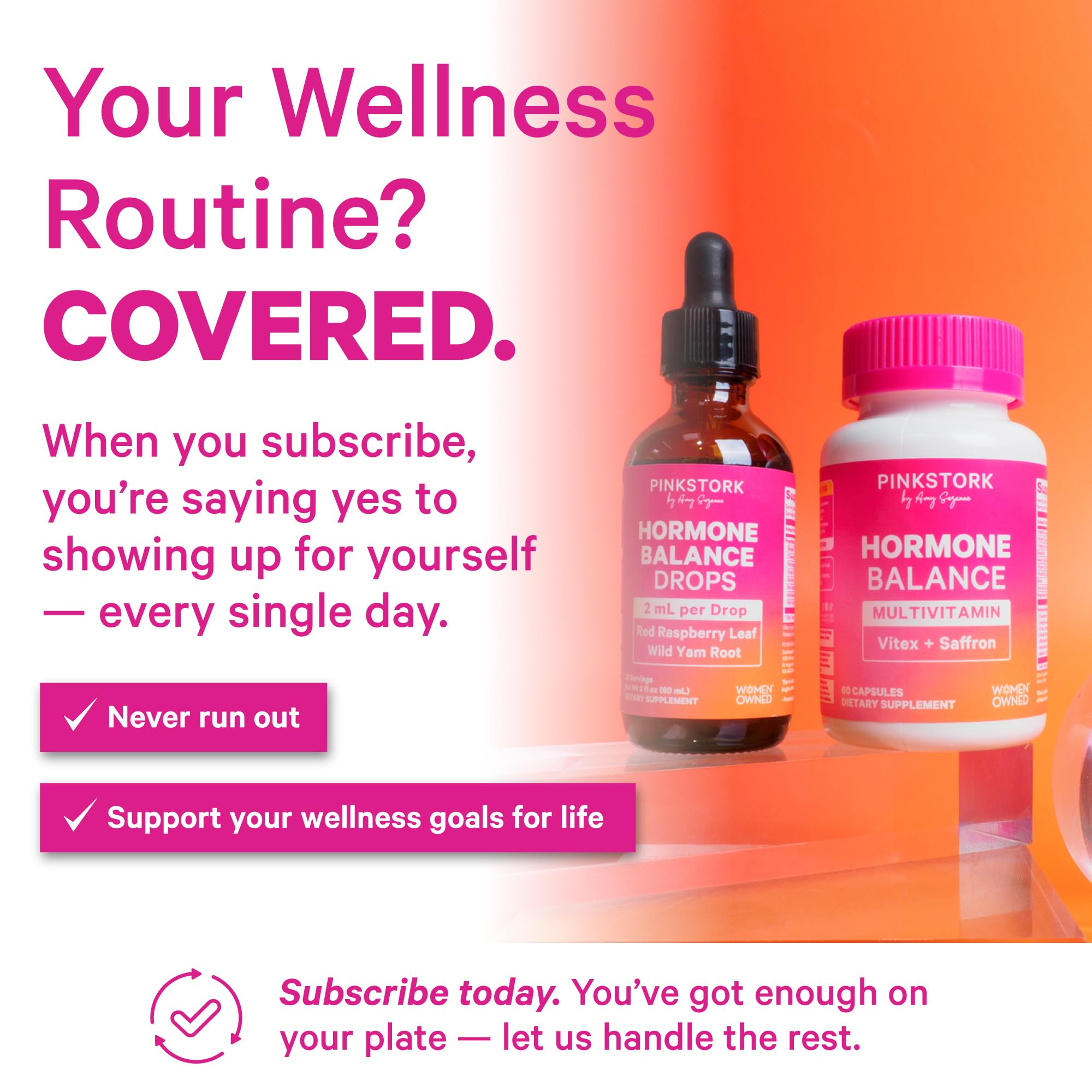 Pink Stork Hormone Balance ingredients blend closeup with Vitex and Ashwaganda.