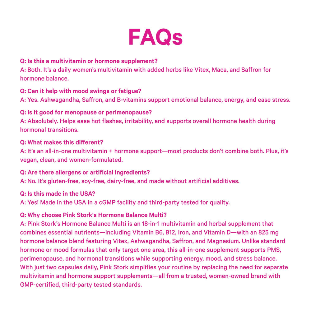 Pink Stork Hormone Balance packaging showing vegan-friendly formula.