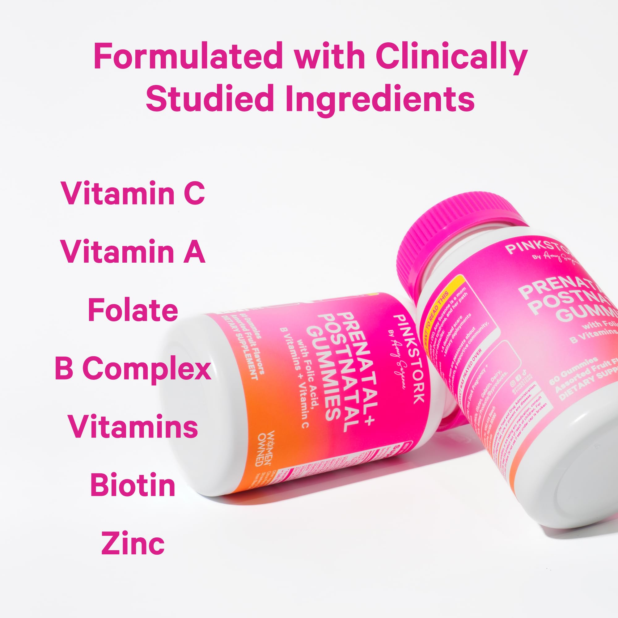 Pink Stork Folate, B6, B12 on label signaling prenatal nutrition