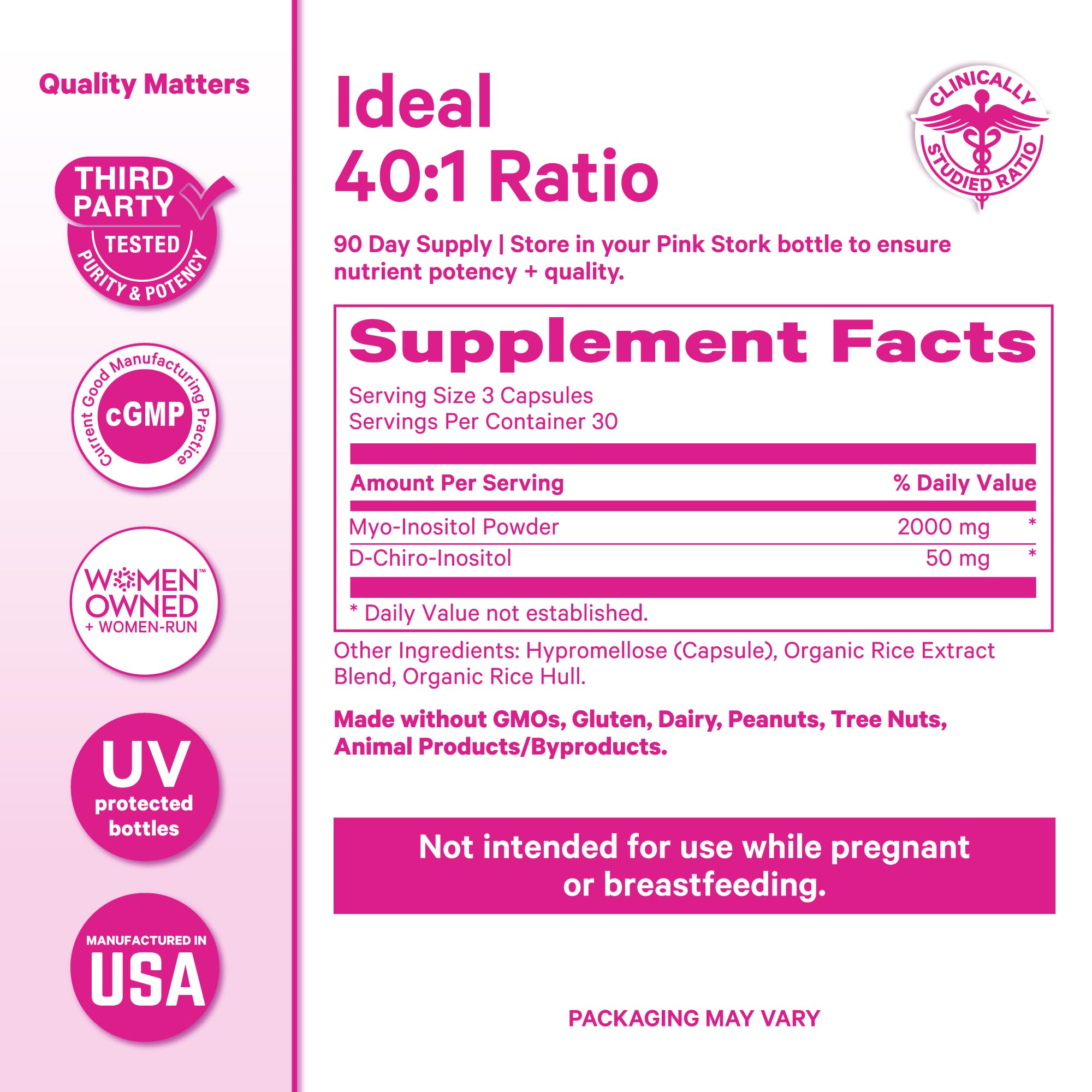Pink Stork Inositol 40:1 balance icon communicates ratio.