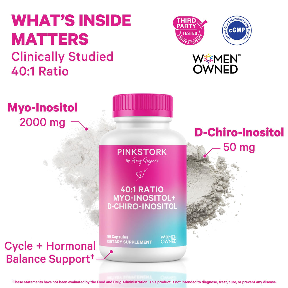 Pink Stork Inositol capsules close-up highlights vegan, gluten-free formula.