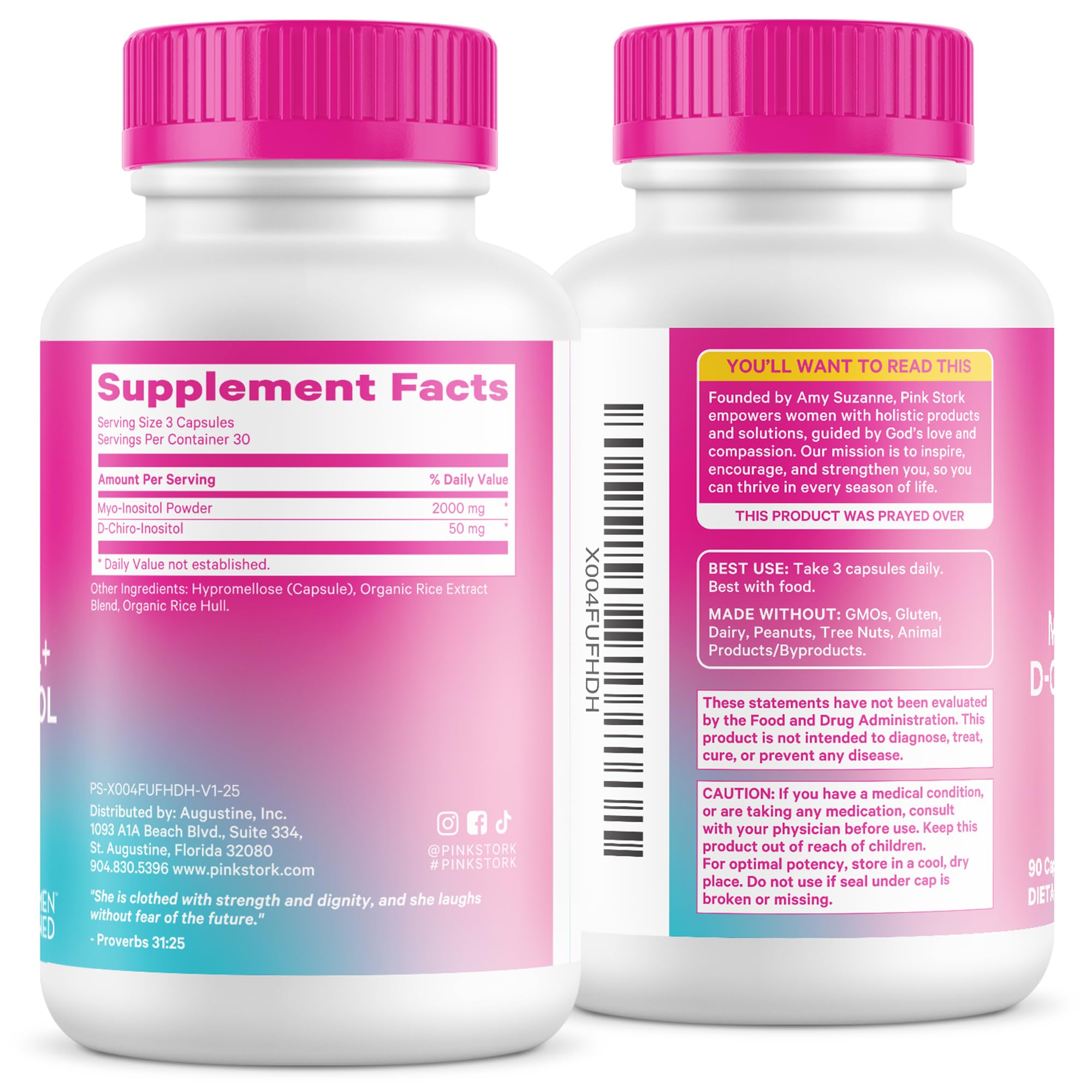 Pink Stork Inositol label highlights gluten free symbol.