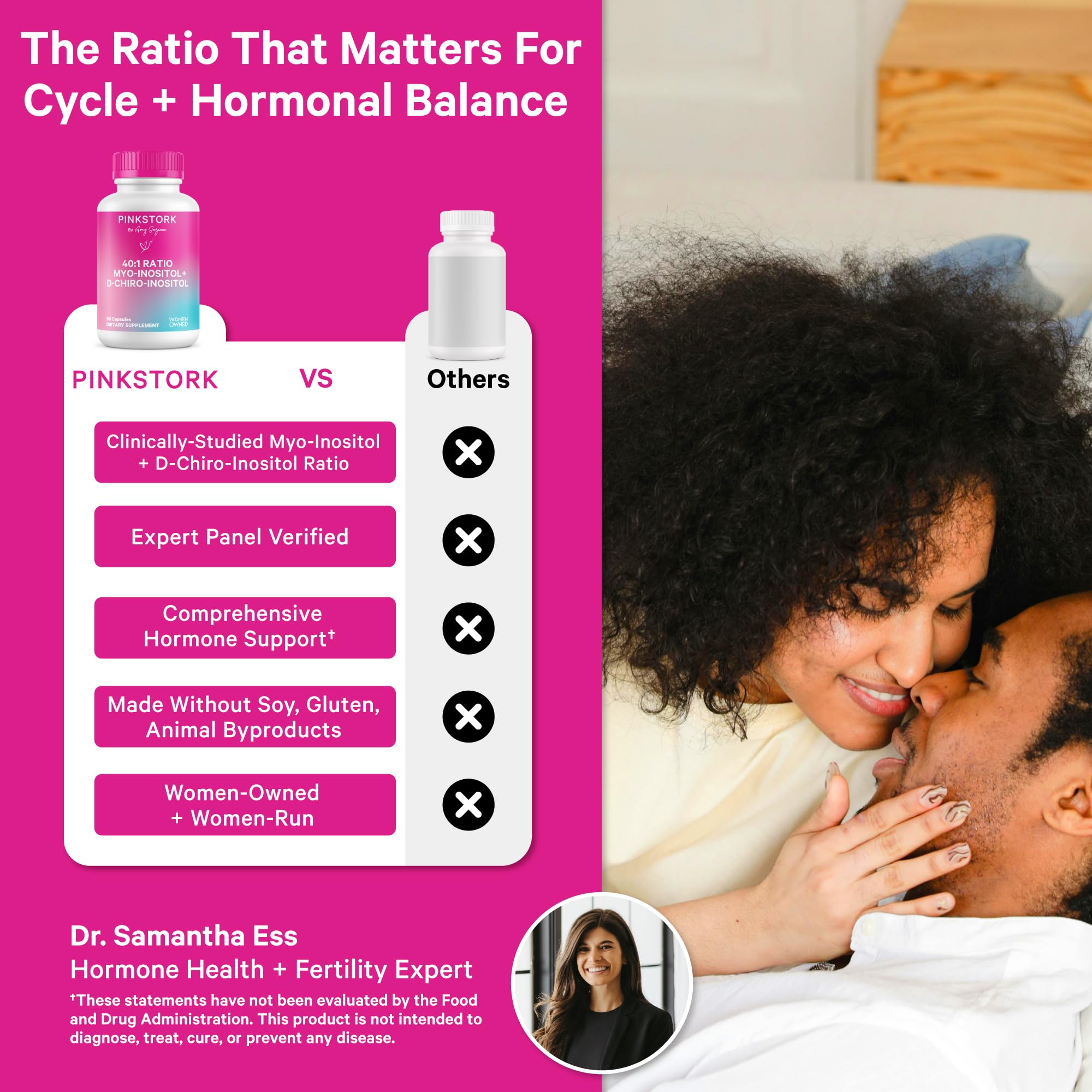 Pink Stork Inositol packaging front emphasizes daily hormone balance routine.