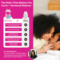 Pink Stork Inositol packaging front emphasizes daily hormone balance routine.