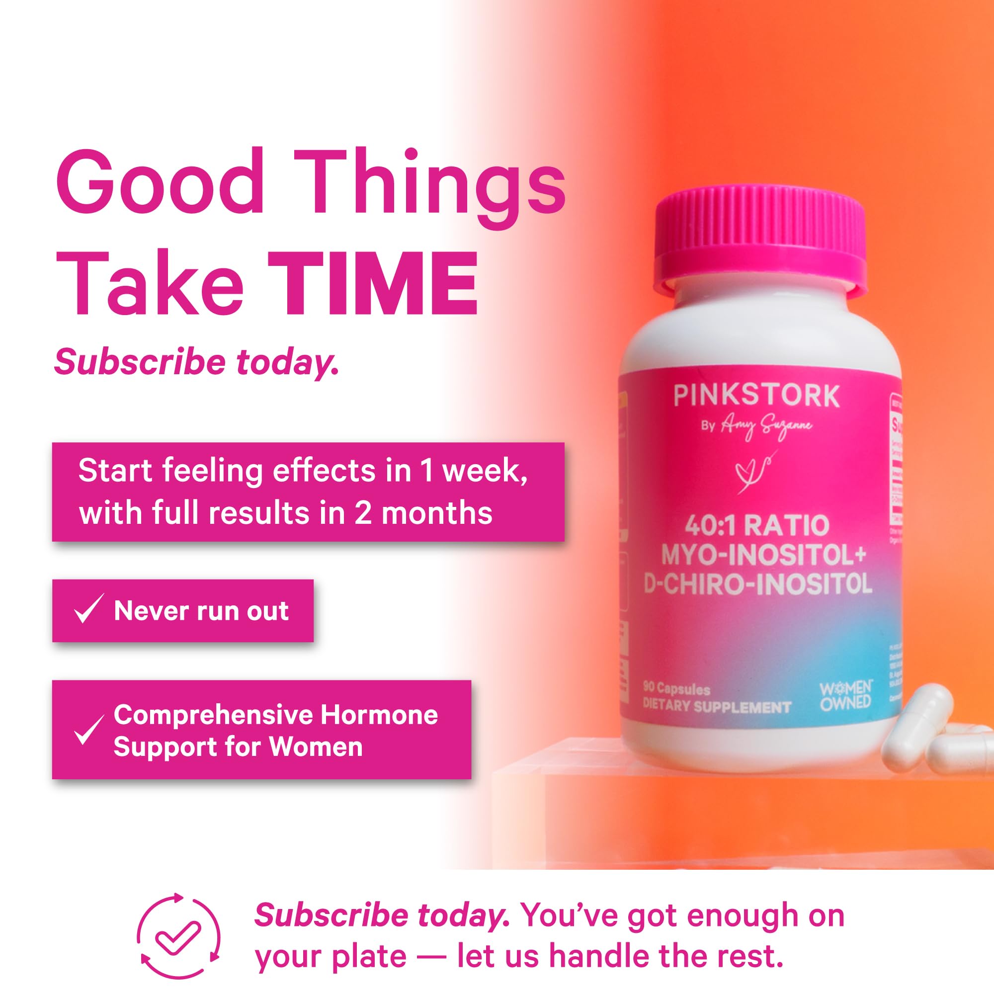 Pink Stork Inositol symbols on label convey clean ingredients.