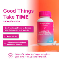 Pink Stork Inositol symbols on label convey clean ingredients.