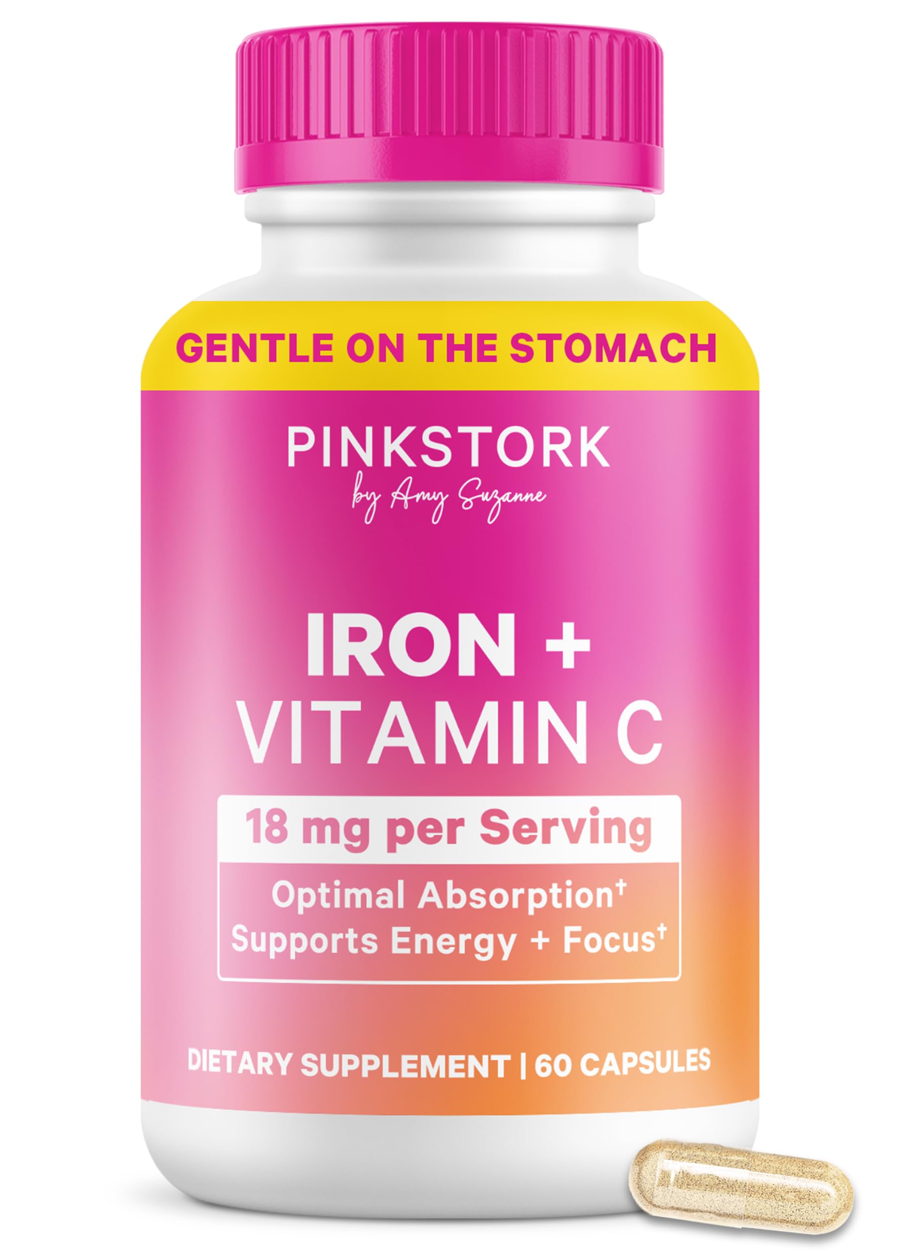 Pink Stork Iron 18 mg capsules on bottle, easy daily energy support.
