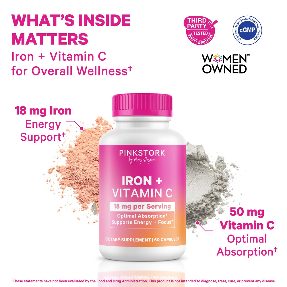 Pink Stork Iron bottle pour shows convenient daily supplement for steady energy and focus.