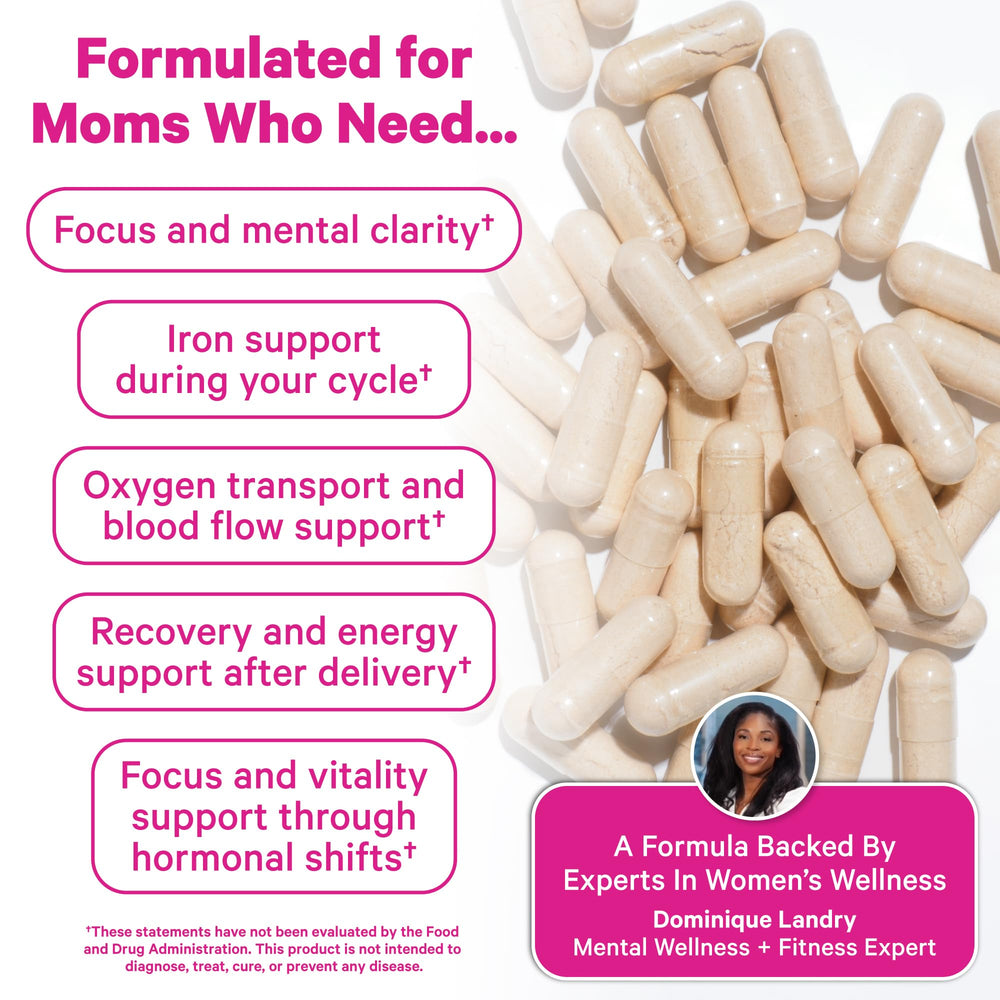 Pink Stork Iron capsule close-up highlights the non-constipating bisglycinate formula.