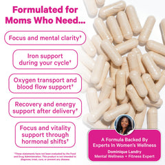 Pink Stork Iron capsule close-up highlights the non-constipating bisglycinate formula.