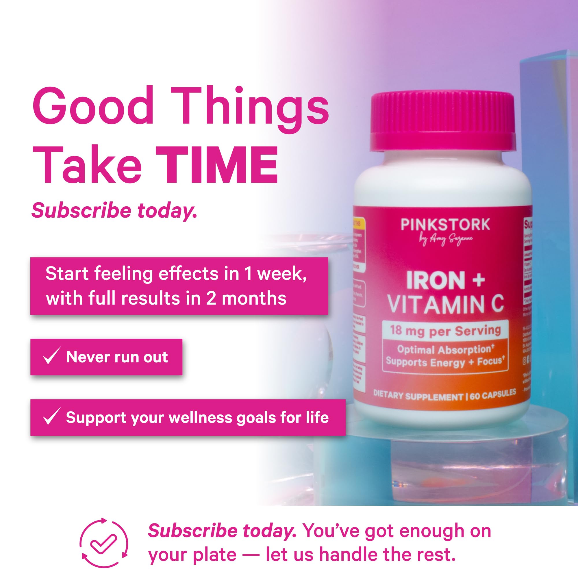 Pink Stork Iron label highlights vegan, GMO-free ingredients with added Vitamin C.