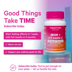 Pink Stork Iron label highlights vegan, GMO-free ingredients with added Vitamin C.