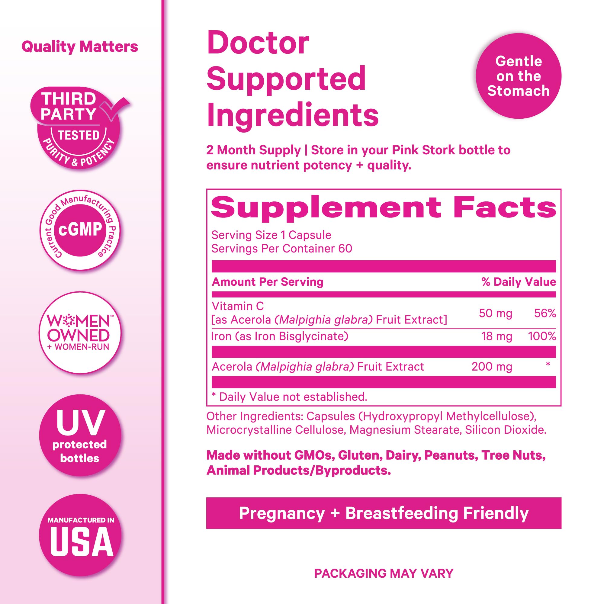 Pink Stork Iron vegan capsules packed for a daily routine.
