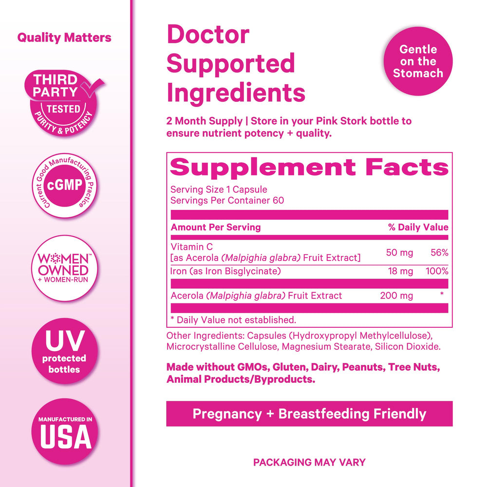 Pink Stork Iron vegan capsules packed for a daily routine.