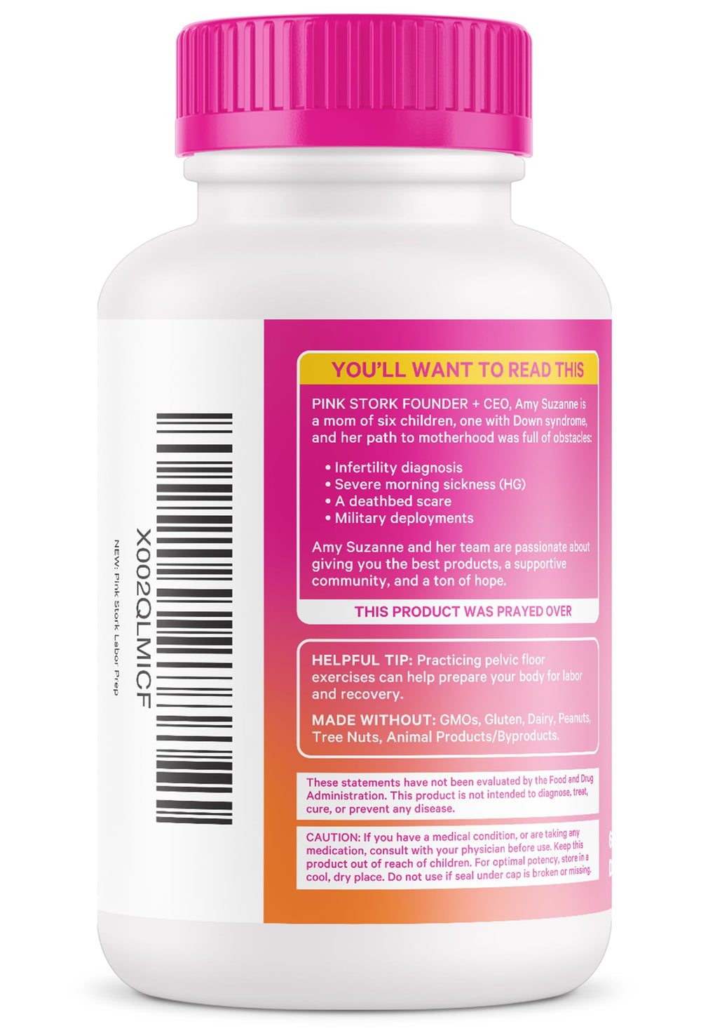 Label detail highlighting pregnancy-safe formulation from Pink Stork.