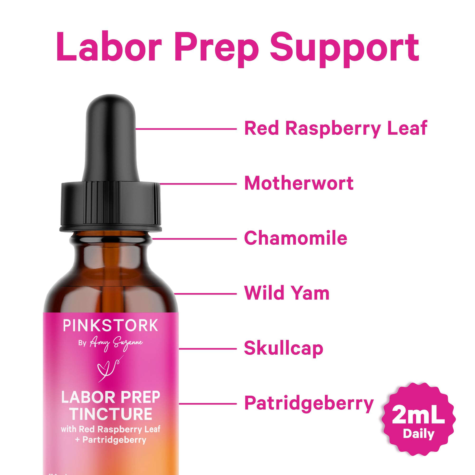 Pink Stork tincture dropper ready for easy daily use during the third trimester.