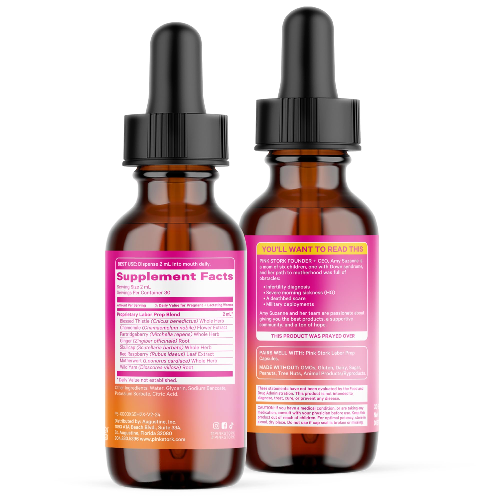 Pink Stork glass bottle showcases a clean, alcohol-free herbal tincture for moms.