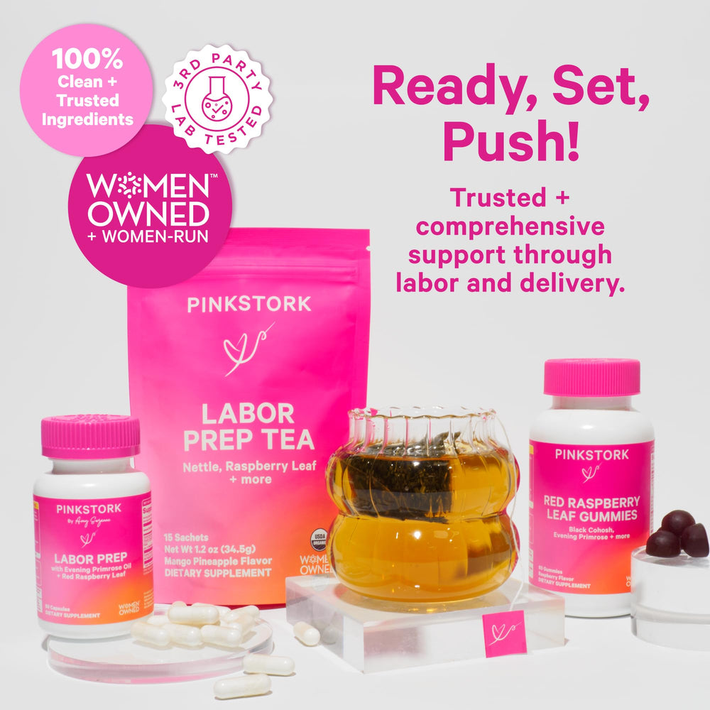 Pink Stork red raspberry leaf bundle highlights traditional labor prep options.