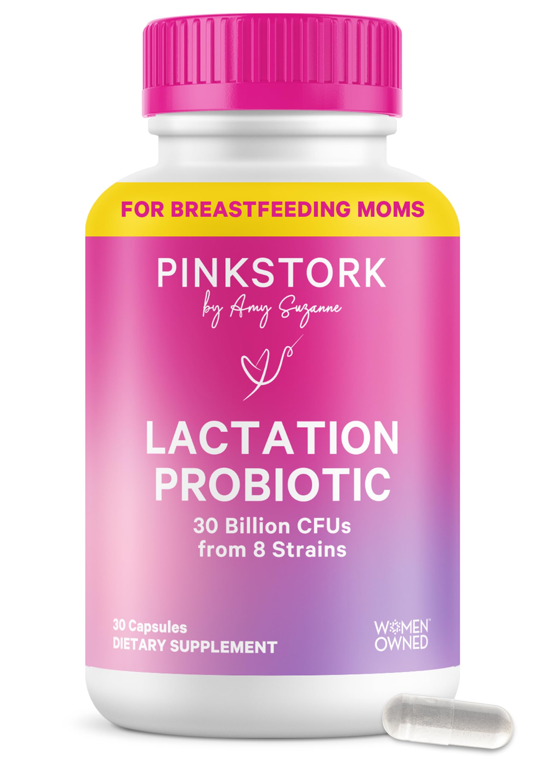 Pink Stork Lactation Probiotic bottle front showing daily digestive support for moms.