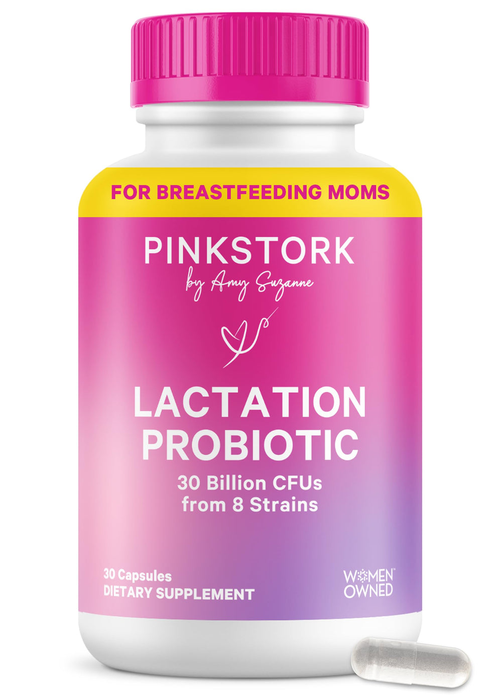 Pink Stork Lactation Probiotic bottle front showing daily digestive support for moms.