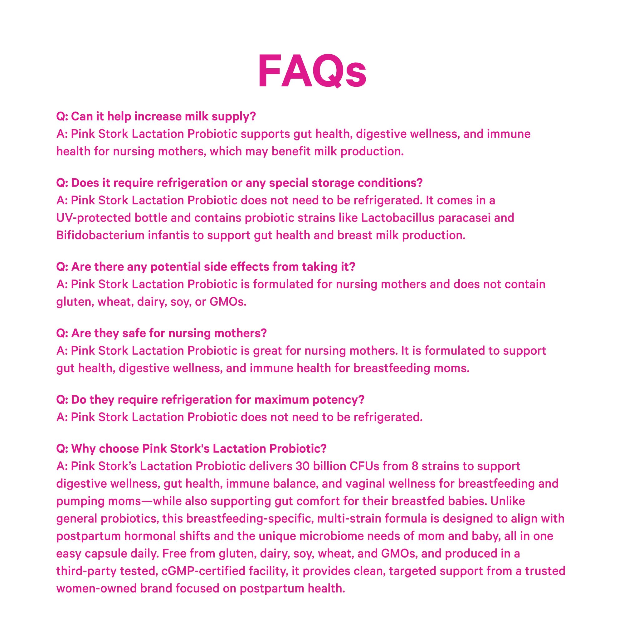 Brand messaging for Pink Stork Lactation Probiotic emphasizing women‑owned and clean formulas.