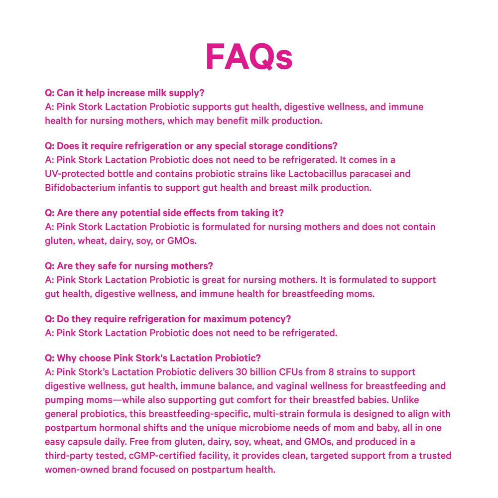 Brand messaging for Pink Stork Lactation Probiotic emphasizing women‑owned and clean formulas.