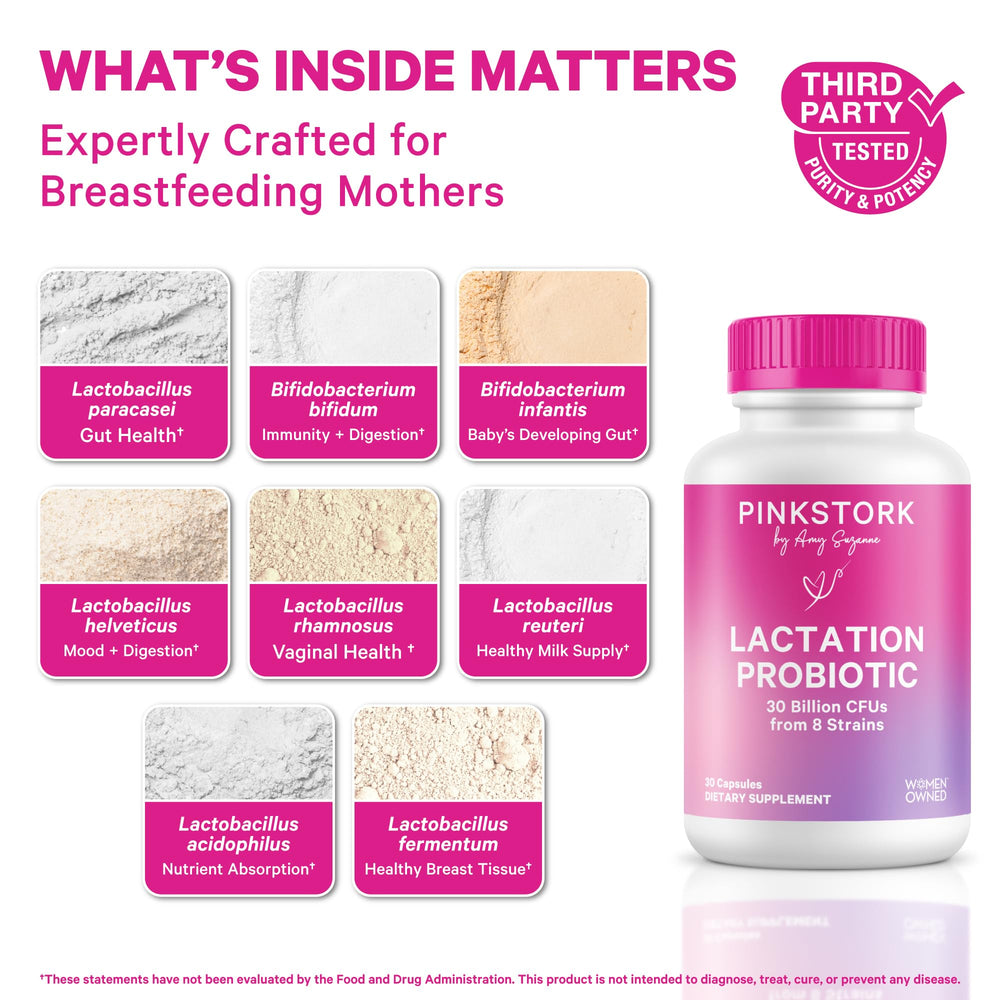 Closeup of Pink Stork Lactation Probiotic capsules highlighting 30B CFUs for balance.