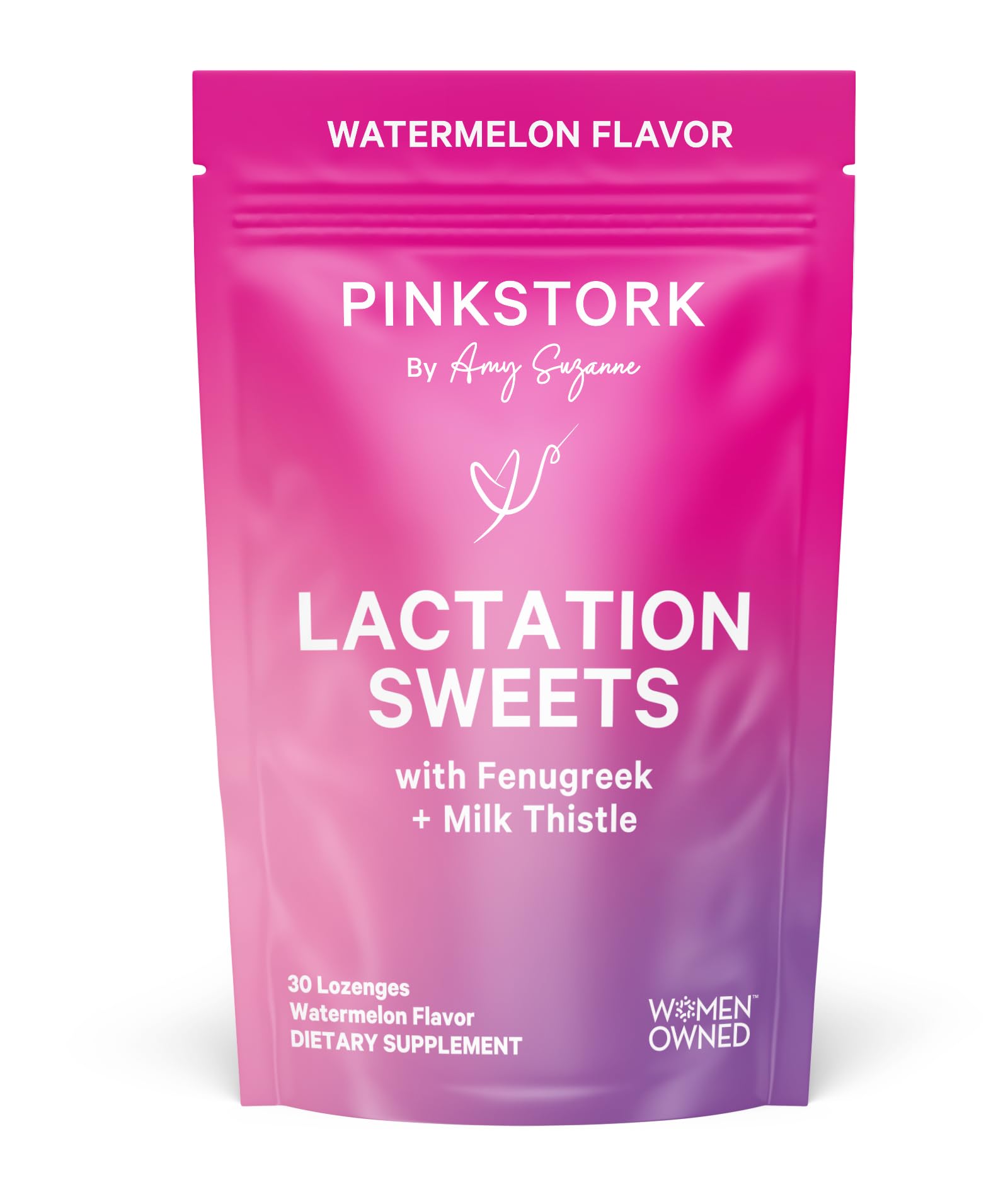 Pink Stork Lactation Sweets watermelon drops in a resealable pouch for on-the-go snacking.