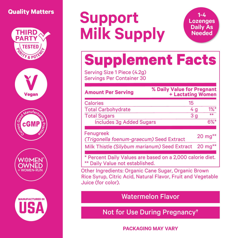 Pink Stork Lactation Sweets watermelon drops beside a breast pump for convenient use.