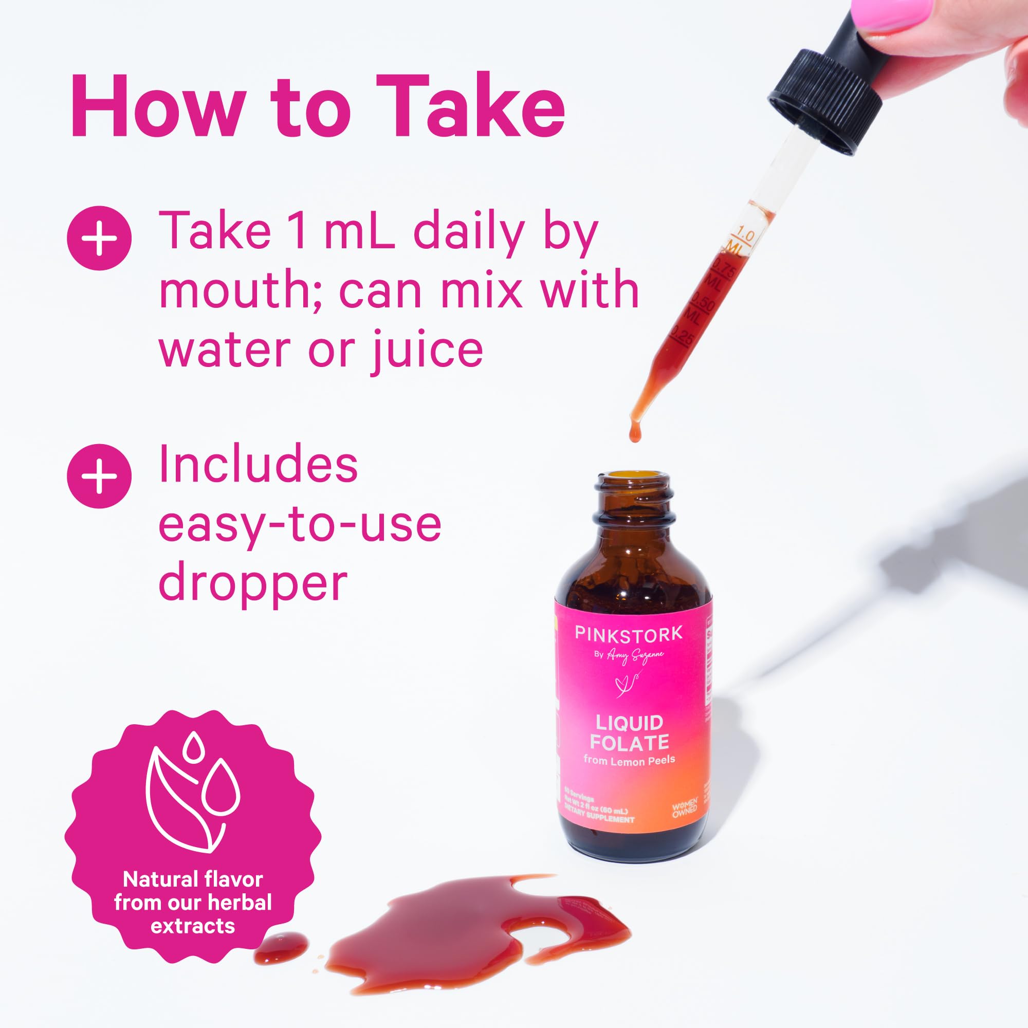 Pink Stork Liquid Folate Drops daily use in water or juice.