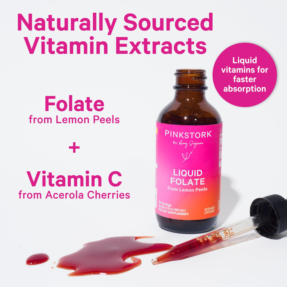 Pink Stork Liquid Folate Drops dropper provides precise sublingual dosing.