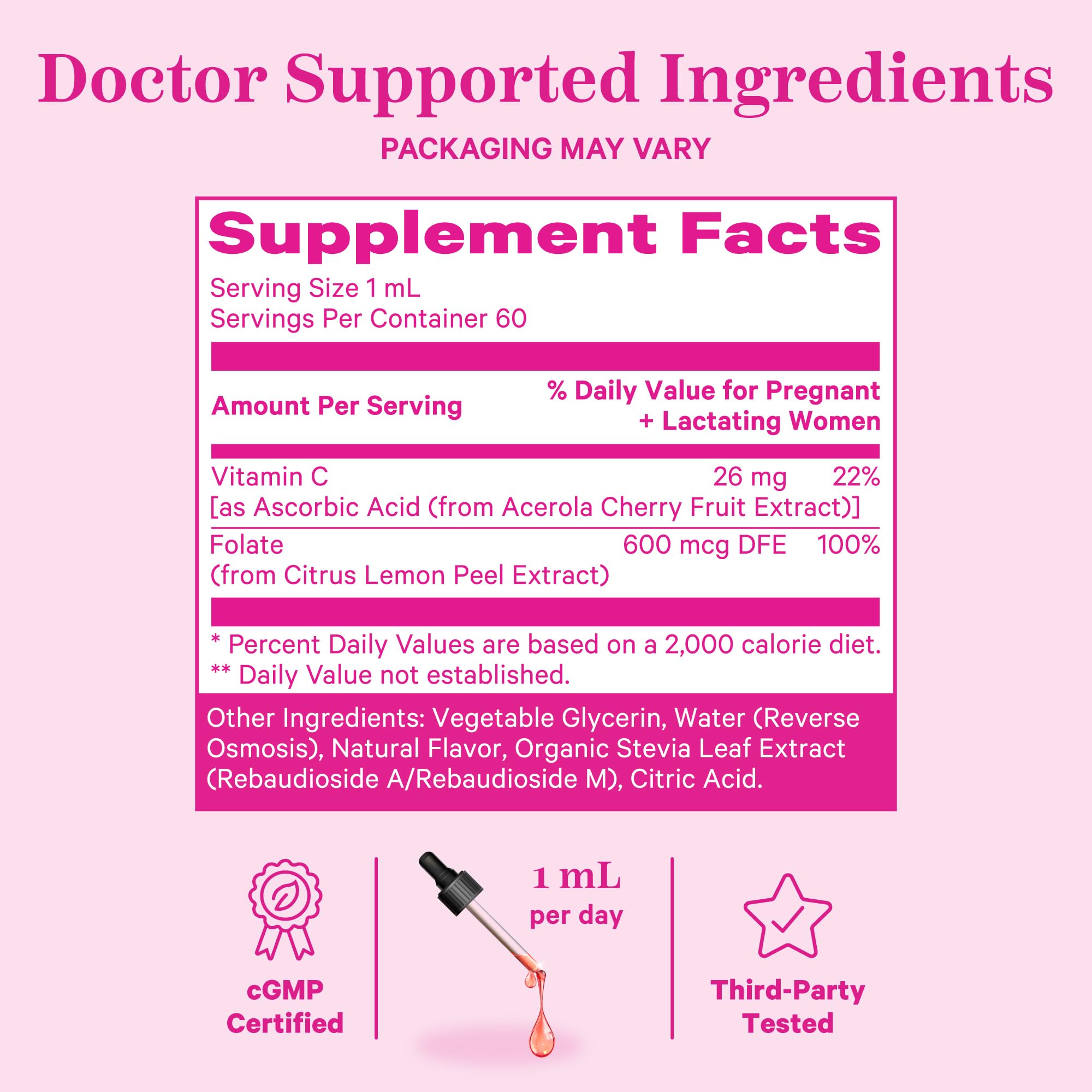 Pink Stork Liquid Folate Drops label detail shows ingredients clearly.