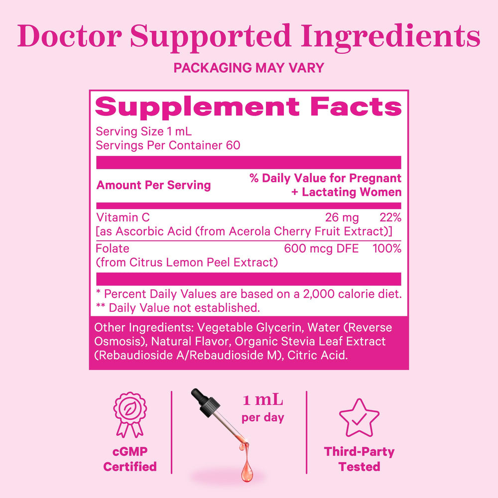 Pink Stork Liquid Folate Drops label detail shows ingredients clearly.