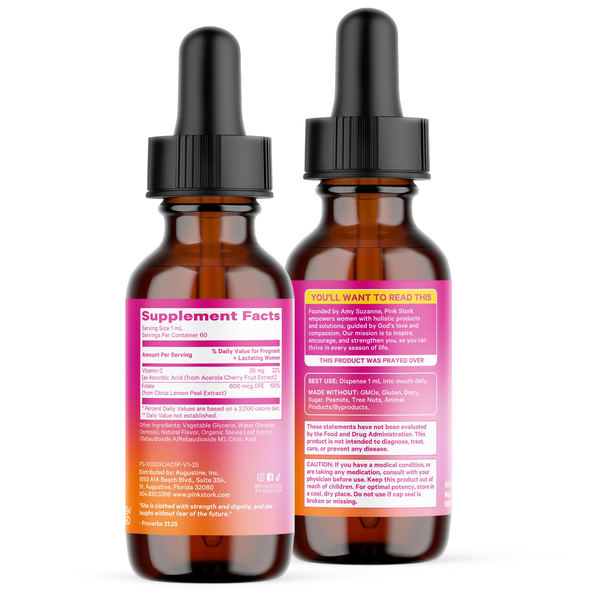 Pink Stork packaging highlights non-GMO vegan and clean ingredients.