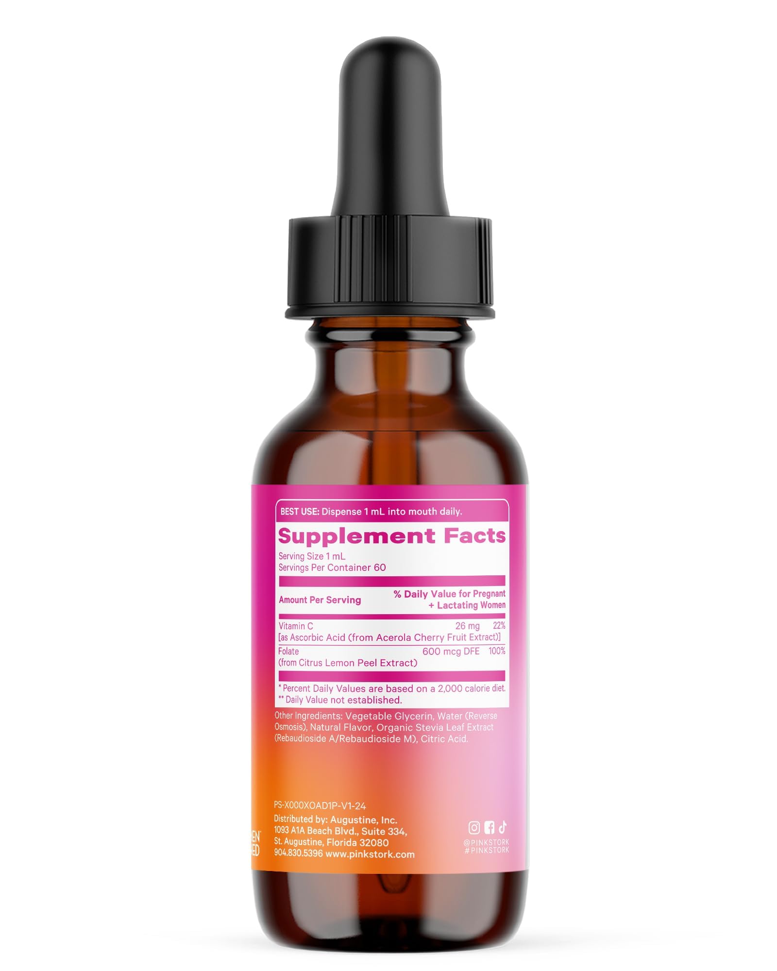 Pink Stork Liquid Folate Drops pour into a glass for quick uptake.