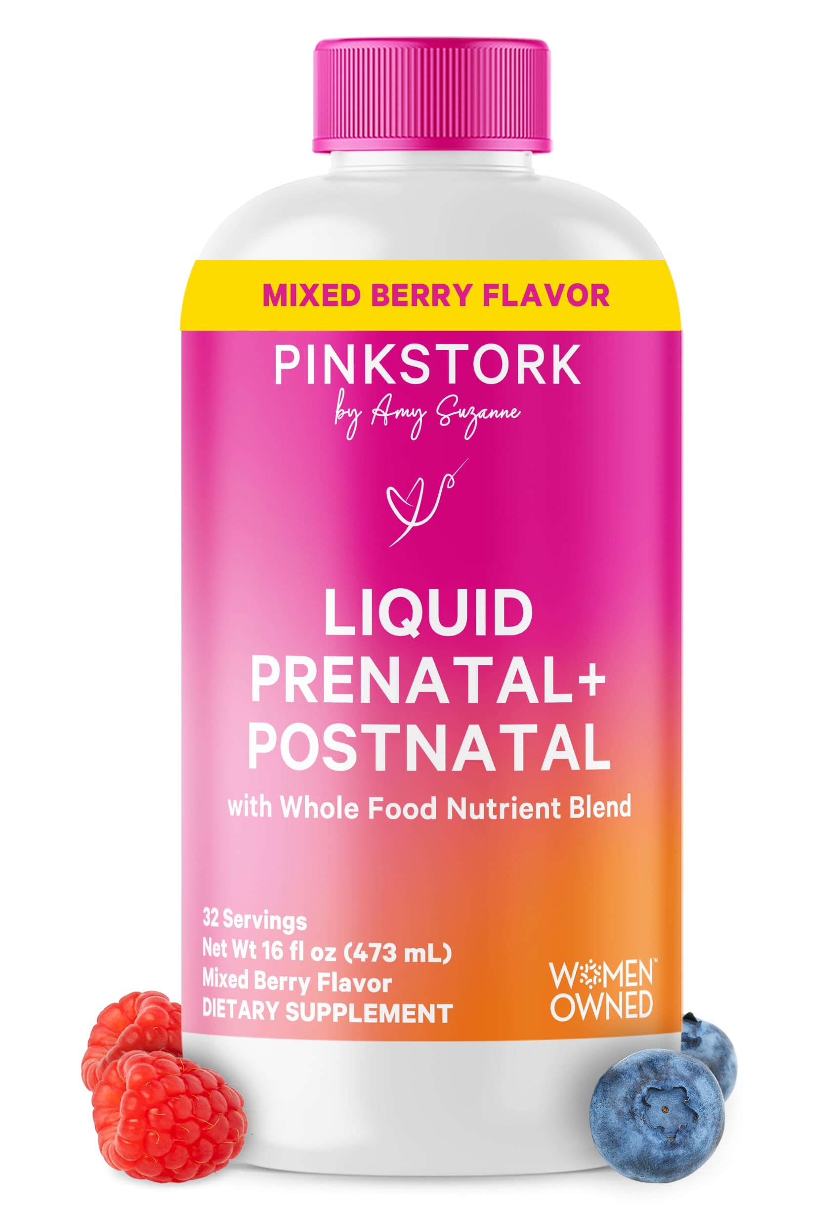 Pink Stork Berry Liquid Prenatal bottle for easy daily nutrition.