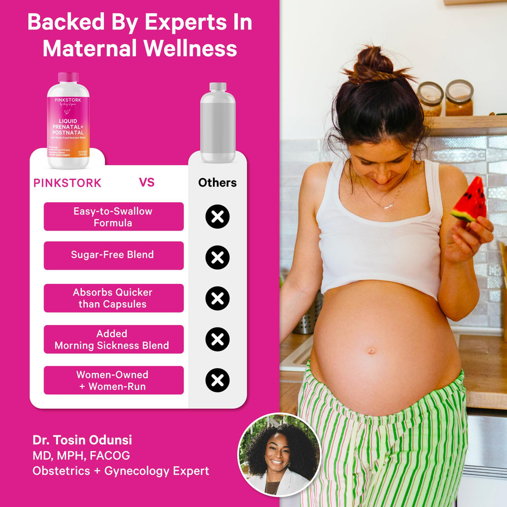 Pink Stork prenatal formula with elderberries and spinach nourishing during pregnancy.