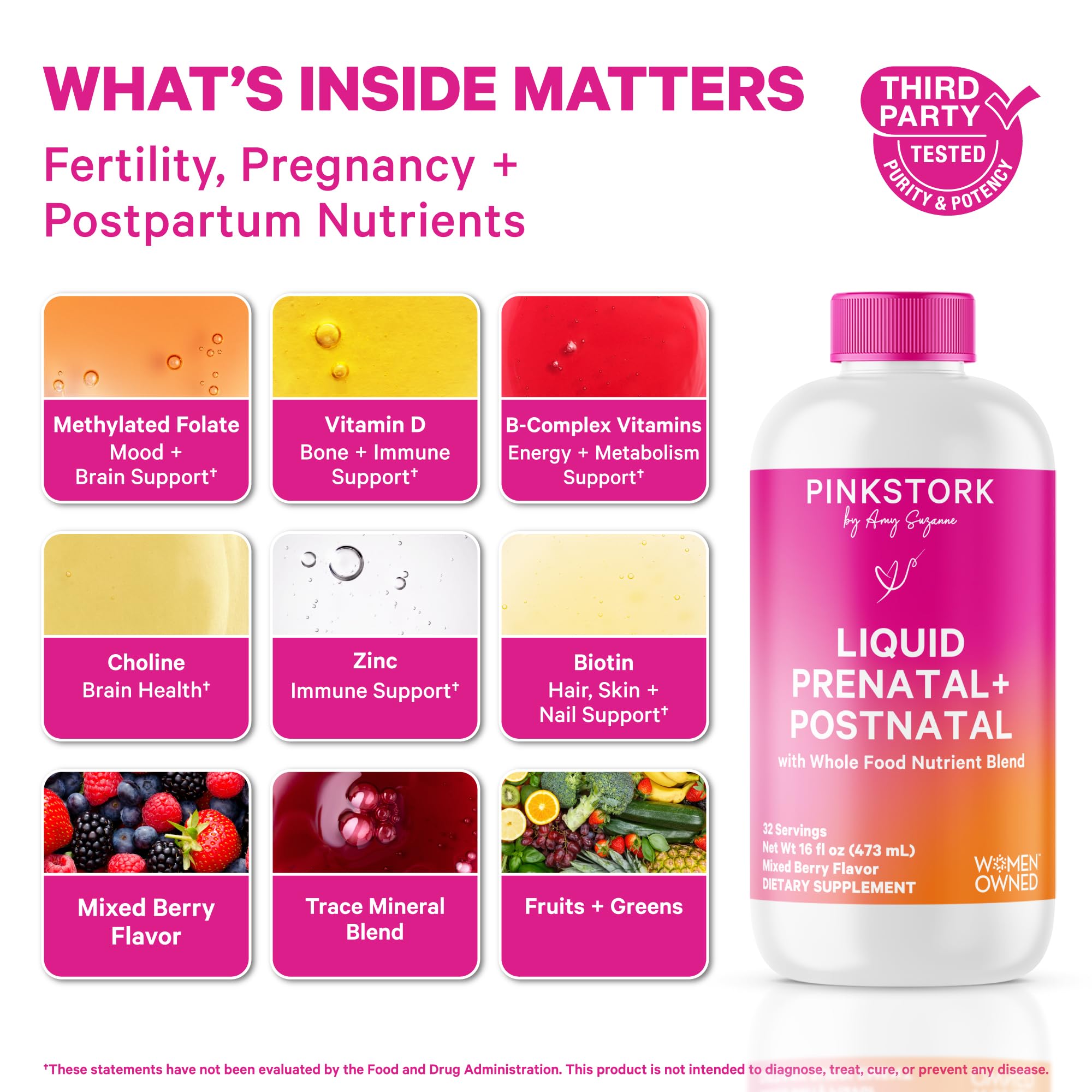 Pink Stork liquid prenatal measuring spoon for precise daily portions.