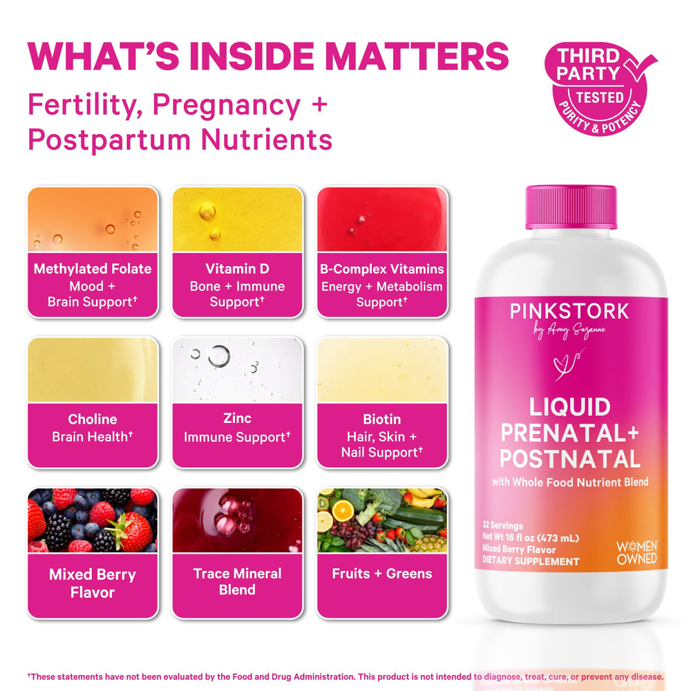 Pink Stork liquid prenatal measuring spoon for precise daily portions.
