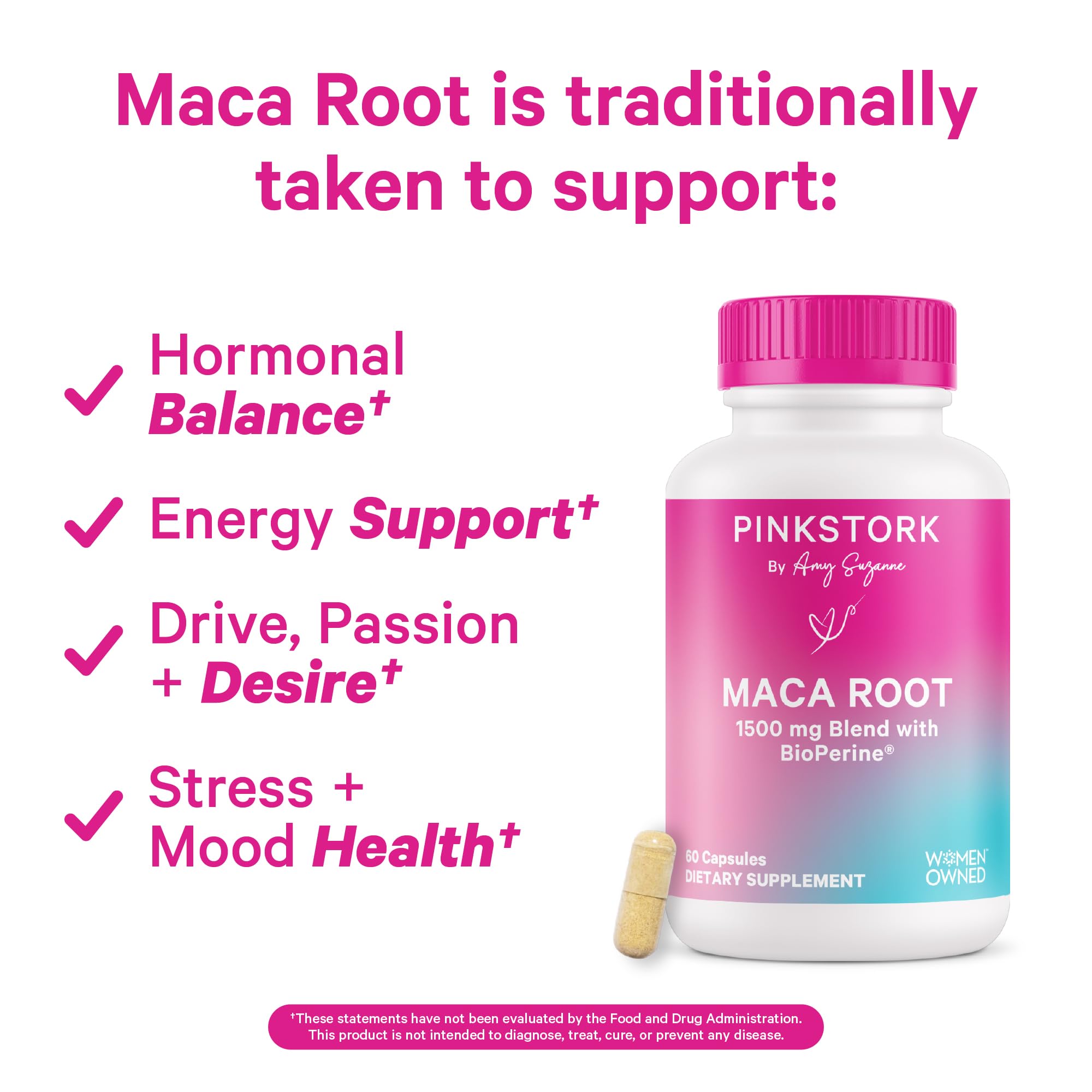 Pink Stork Maca Root Capsules pour illustrating easy daily dosing for energy and balance
