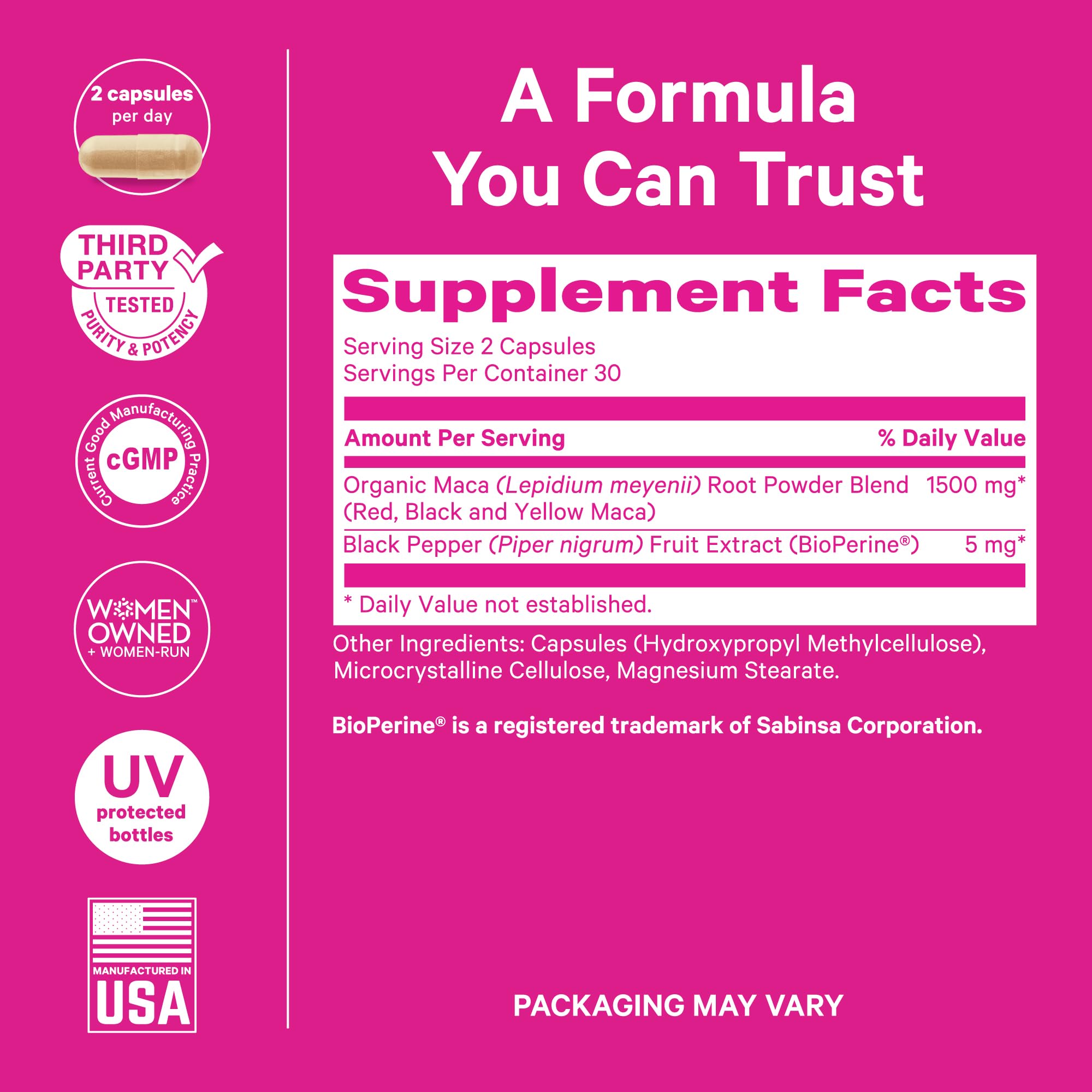Pink Stork Maca Root ingredients BioPerine illustrate absorption potential