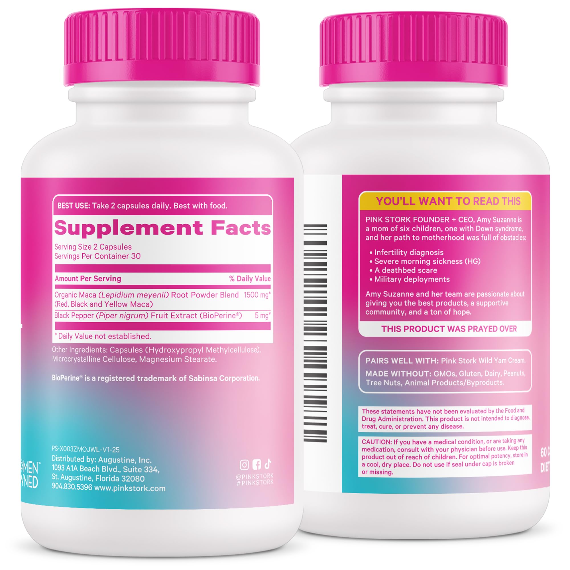 Pink Stork Maca Root routine layout suggests a daily wellness ritual