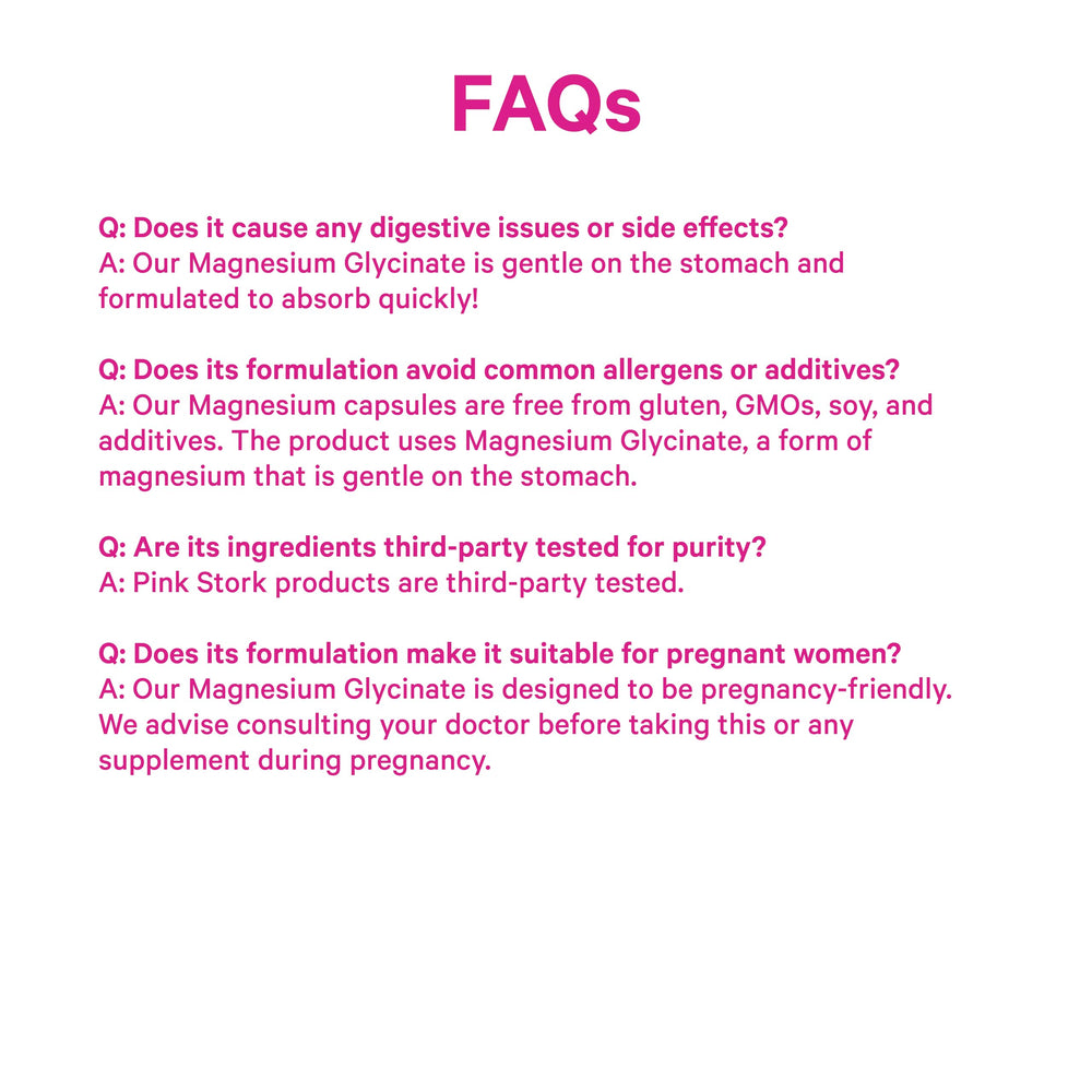 Pink Stork magnesium glycinate package beside water promotes easy consumption.